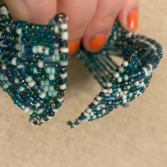 Blue seed bead brained wide cuff bracelet adjustable size coastal - Picture 3 of 6